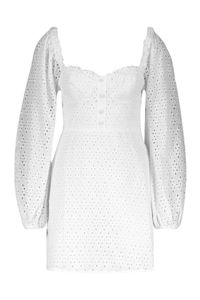 Womens Broderie Anglais Sweetheart Mini Dress - White - 16, White