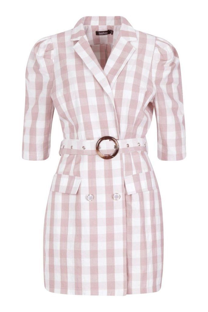 Womens Self Belted Gingham Check Blazer Dress - Pink - 16, Pink