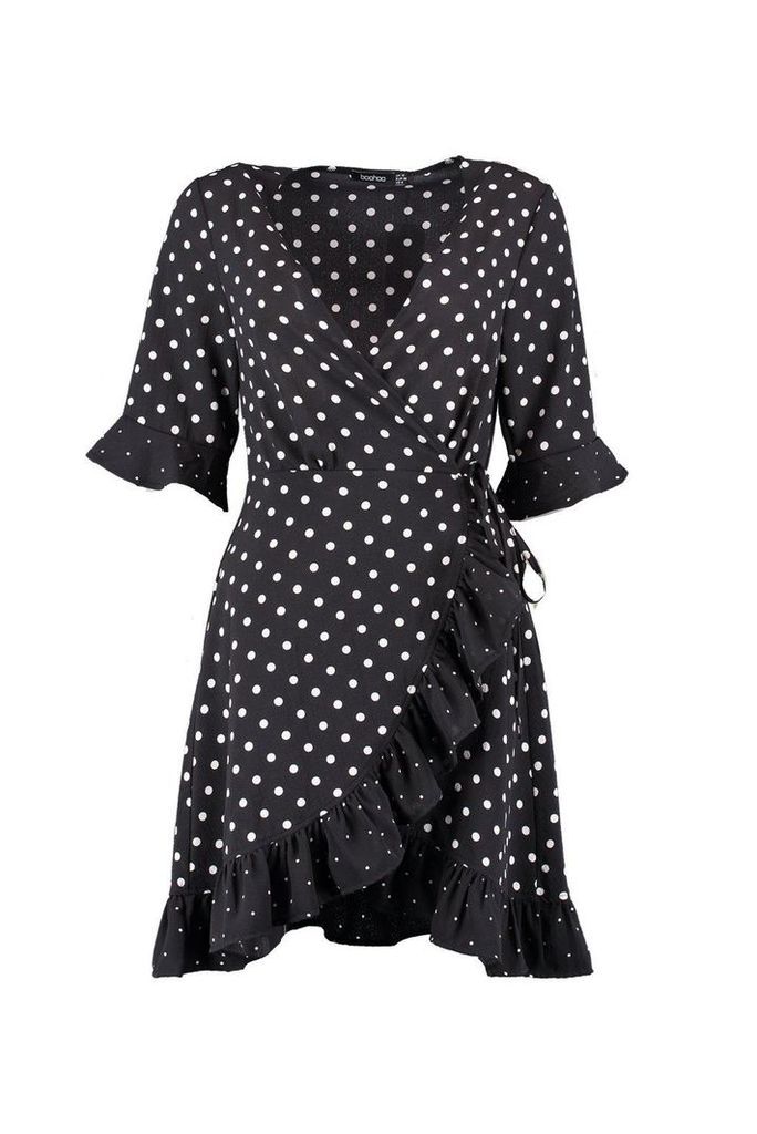 Womens Mixed Polka Dot Wrap Front Tea Dress - black - 14, Black