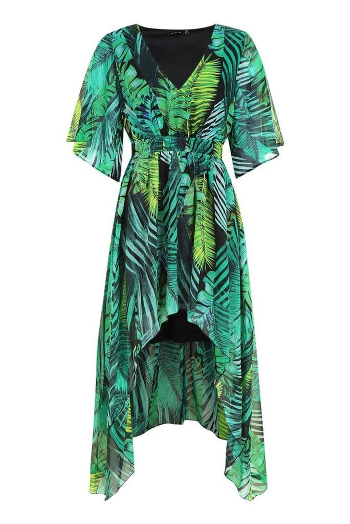 Womens Hanky Hem Palm Print Maxi Dress - Green - 10, Green