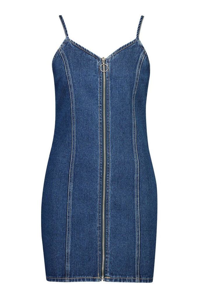 Womens Strappy Zip Front Denim Micro Mini Bodycon Dress - blue - 10, Blue