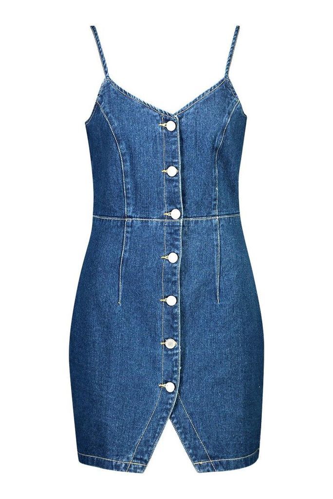 Womens Strappy Button Front Denim Micro Mini Dress - blue - 8, Blue