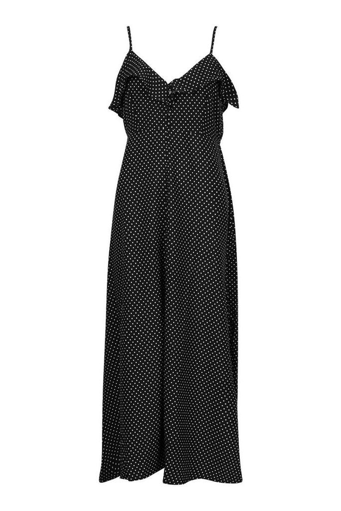 Womens Woven Polka Dot Covered Button Maxi Dress - black - 8, Black