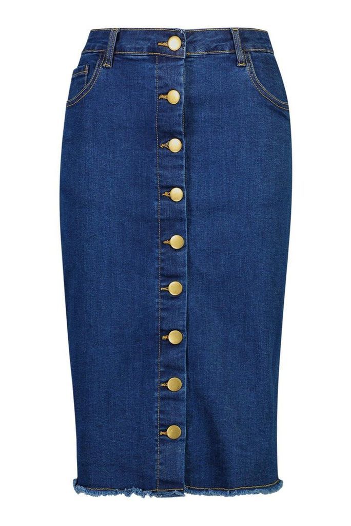 Womens Button Front Stretch Midi Denim Skirt - blue - 6, Blue