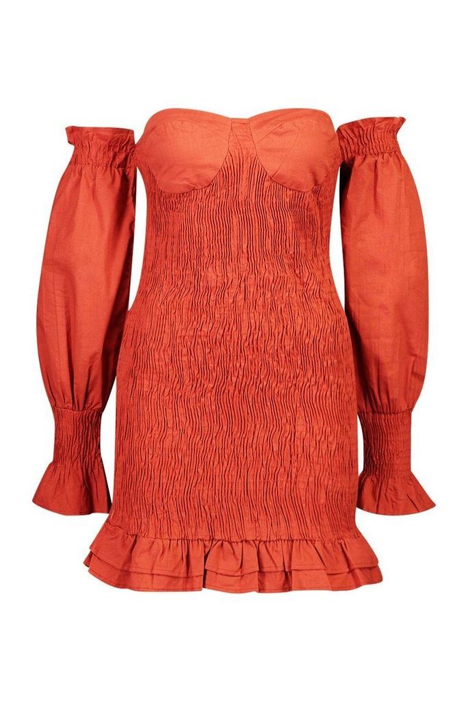 Womens Woven Shirred Cup Detail Bardot Mini Dress - orange - 14, Orange