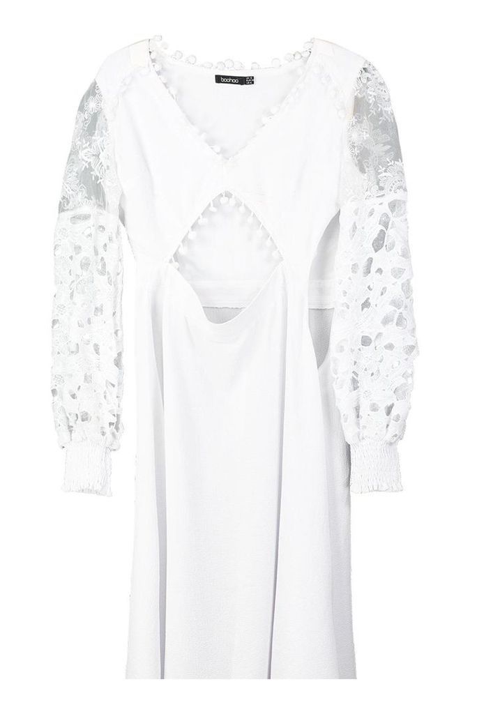 Womens Pom Pom Trim Mixed Lace Midi Dress - white - 14, White