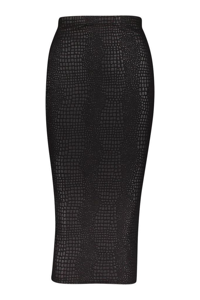 Womens Croc Embossed Midi Skirt - black - 8, Black
