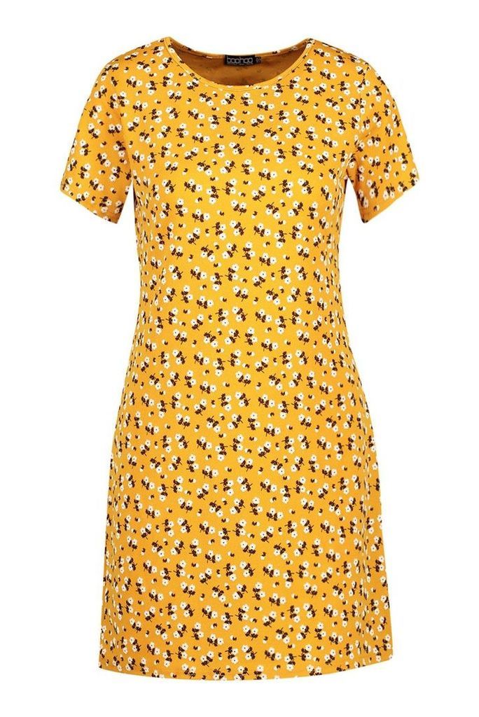Womens Floral Jersey Crew Neck Shift Dress - Yellow - 8, Yellow