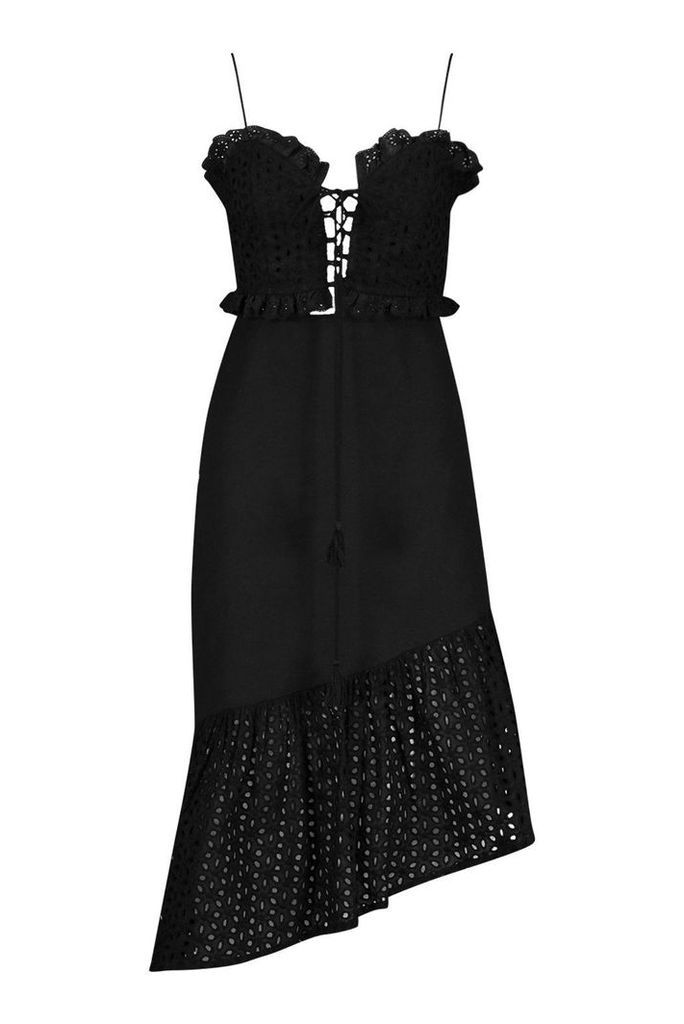 Womens Broderie Lace Up Bralet & Asymetric Midi Skirt - black - 8, Black