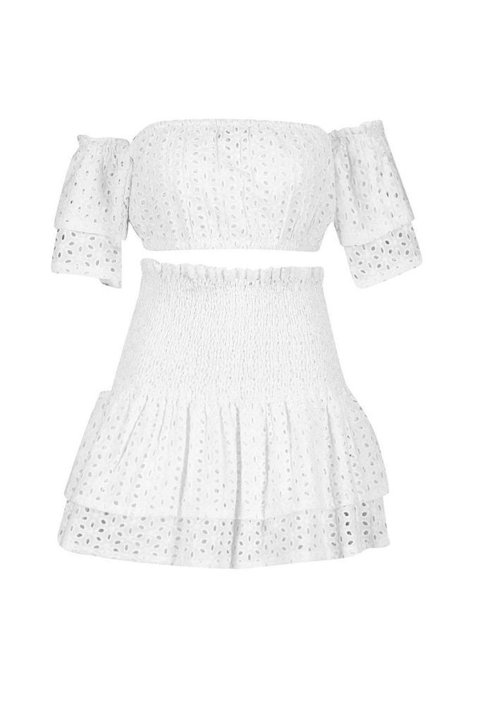 Womens Broderie Ruffle Sleeve Bardot & Mini Skirt Co-ord - white - 14, White