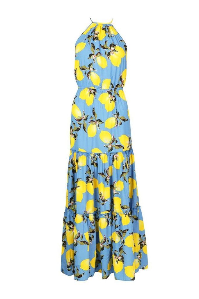 Womens Woven Tie Neck Backless Tiered Maxi Dress - cornflower blue - 14, Cornflower Blue