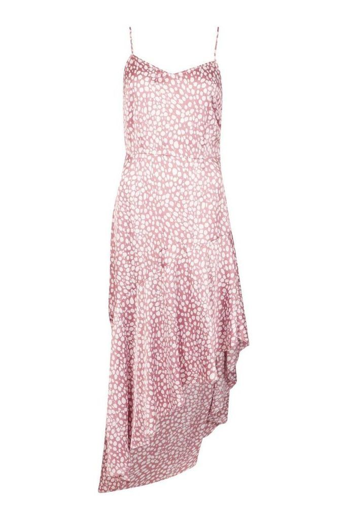 Womens Ruffle Hem Printed Satin Midaxi Slip Dress - pink - 10, Pink