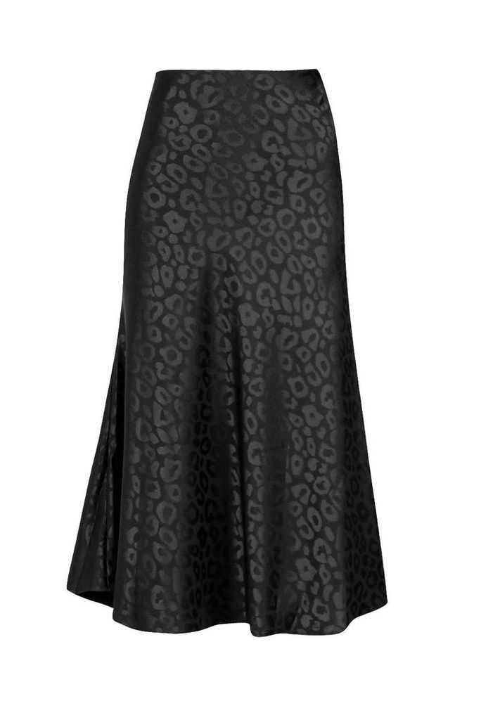 Womens Leopard Print Satin Bias Cut Slip Midi Skirt - Black - S, Black