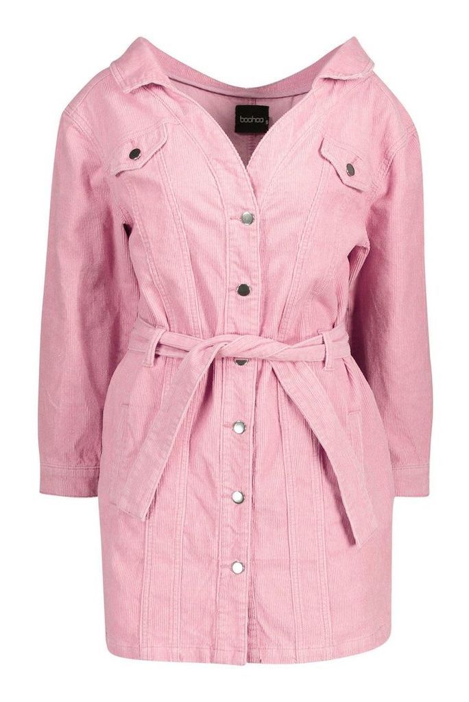 Womens Cord Off The Shoulder Belted Denim Shirt Dress - pink - 12, Pink