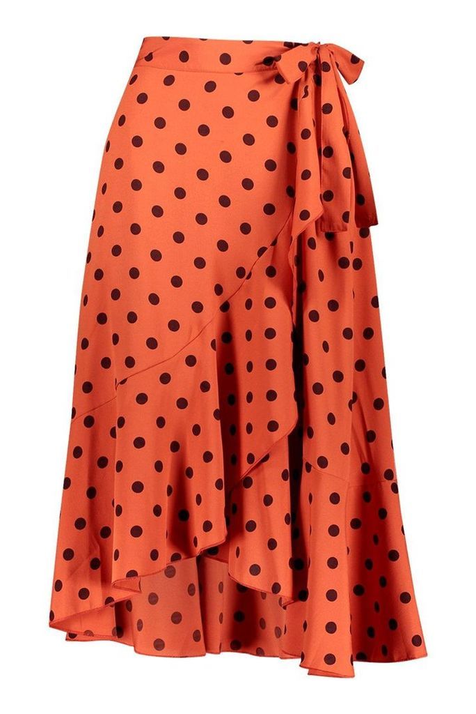 Womens Polka Dot Ruffle Midi Skirt - Orange - 12, Orange