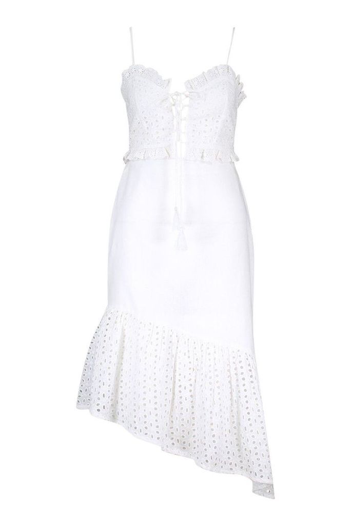 Womens Broderie Lace Up Bralet & Asymetric Midi Skirt - white - 12, White