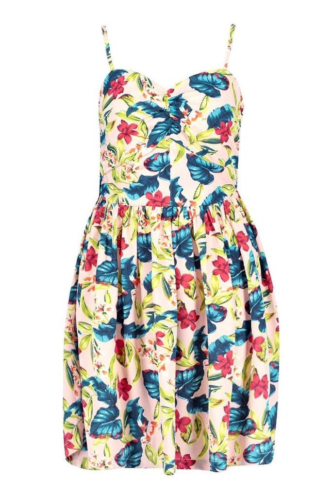Womens Tropical Floral Sweetheart Skater Dress - pink - 12, Pink