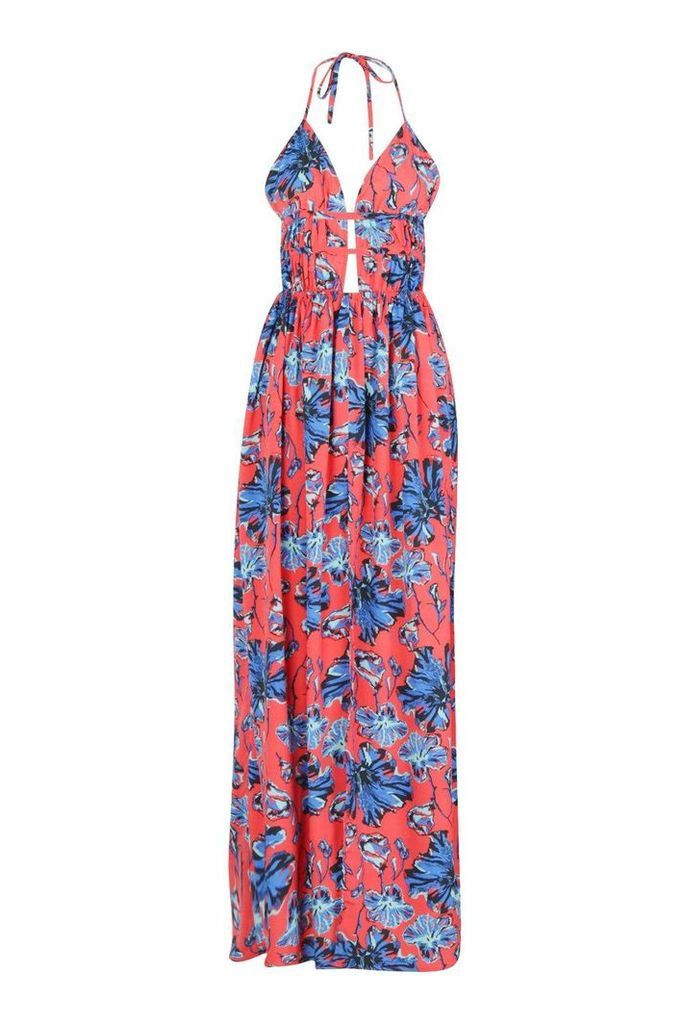 Womens Plunge Front Floral Print Maxi Dress - red - 12, Red