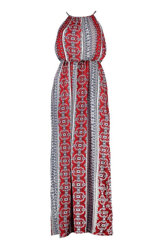 Womens Paisley Print High Neck Maxi Dress - red - 10, Red