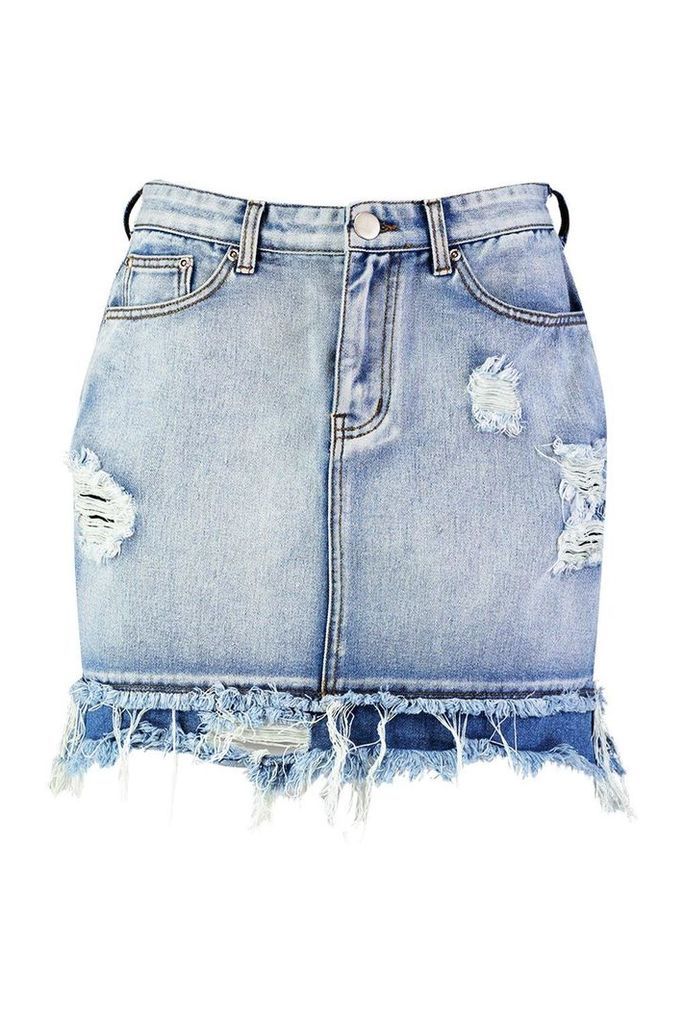 Womens Distressed Raw Edge Denim Mini Skirt - Blue - 6, Blue