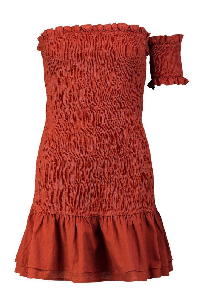 Womens Woven One Sleeve Shirred Mini Dress - orange - 12, Orange