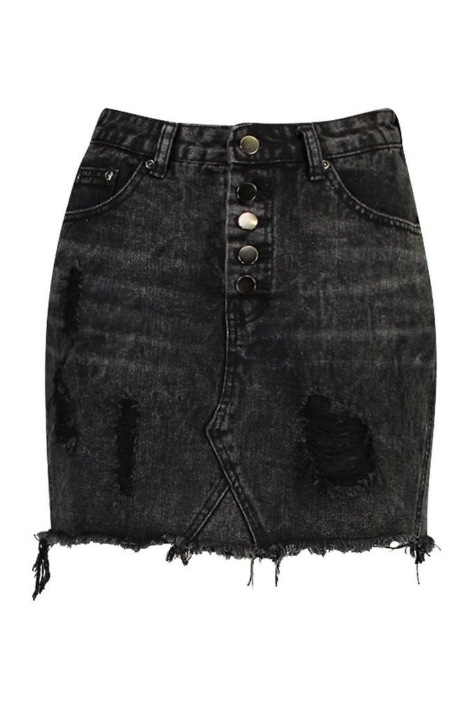 Womens Exposed Button Distressed Denim Skirt - black - 12, Black
