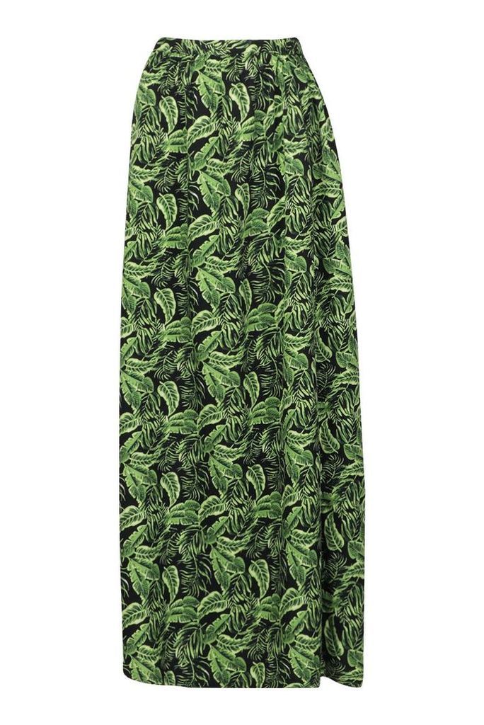 Womens Palm Print Side Split Maxi Skirt - green - 12, Green