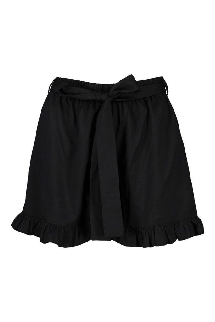 Womens Belted Ruffle Hem Shorts - black - 8, Black