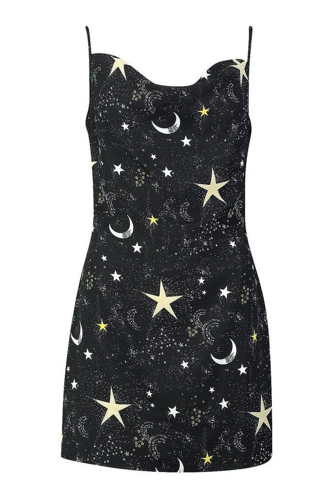 Womens Cosmic Print Cowl Neck Slip Dress - black - 6, Black