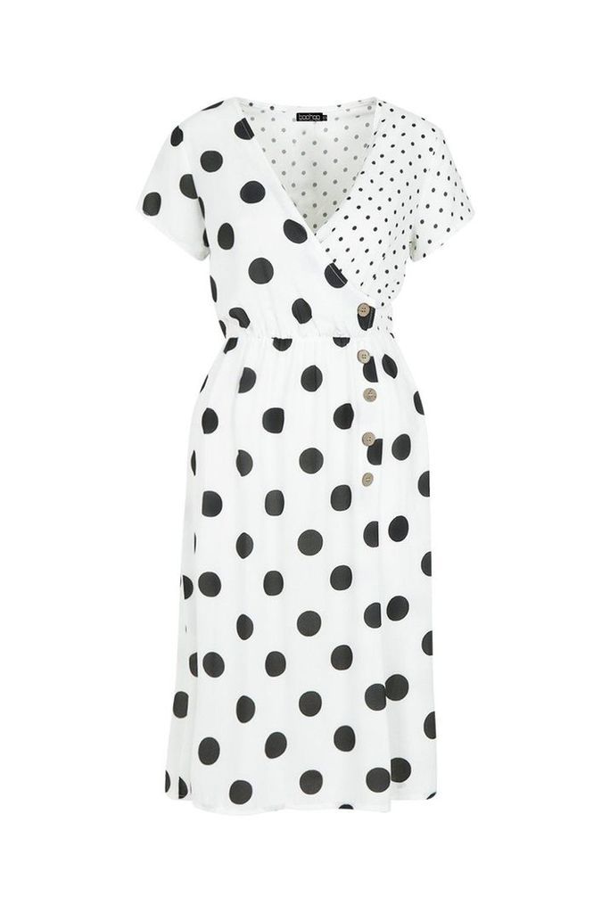 Womens Mixed Polka Dot Button Front Midi Dress - white - 10, White