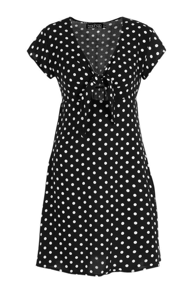 Womens Woven Polka Dot Tie Detail Skater Dress - Black - 10, Black
