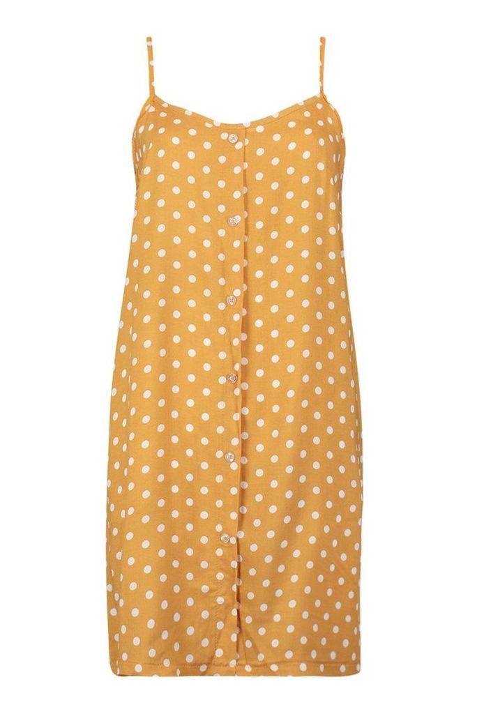 Womens Polka Dot Button Through Cami Mini Dress - yellow - 8, Yellow