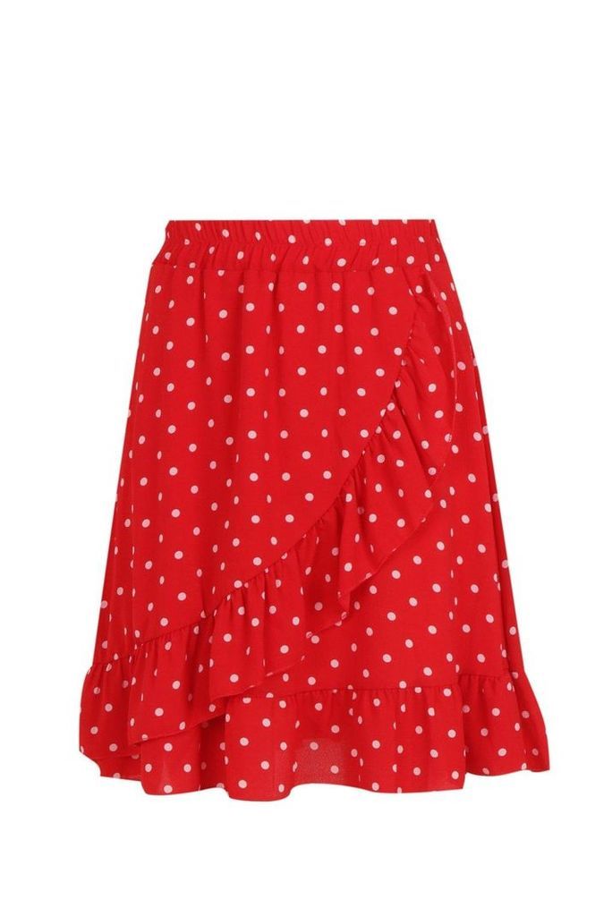 Womens Woven Polka Dot Ruffle Mini Skirt - red - 6, Red