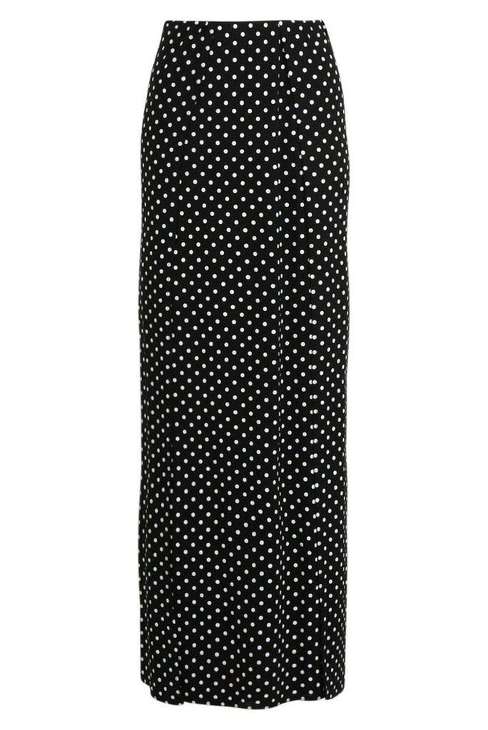 Womens Polka Dot Print Thigh Split Maxi Skirt - black - 14, Black