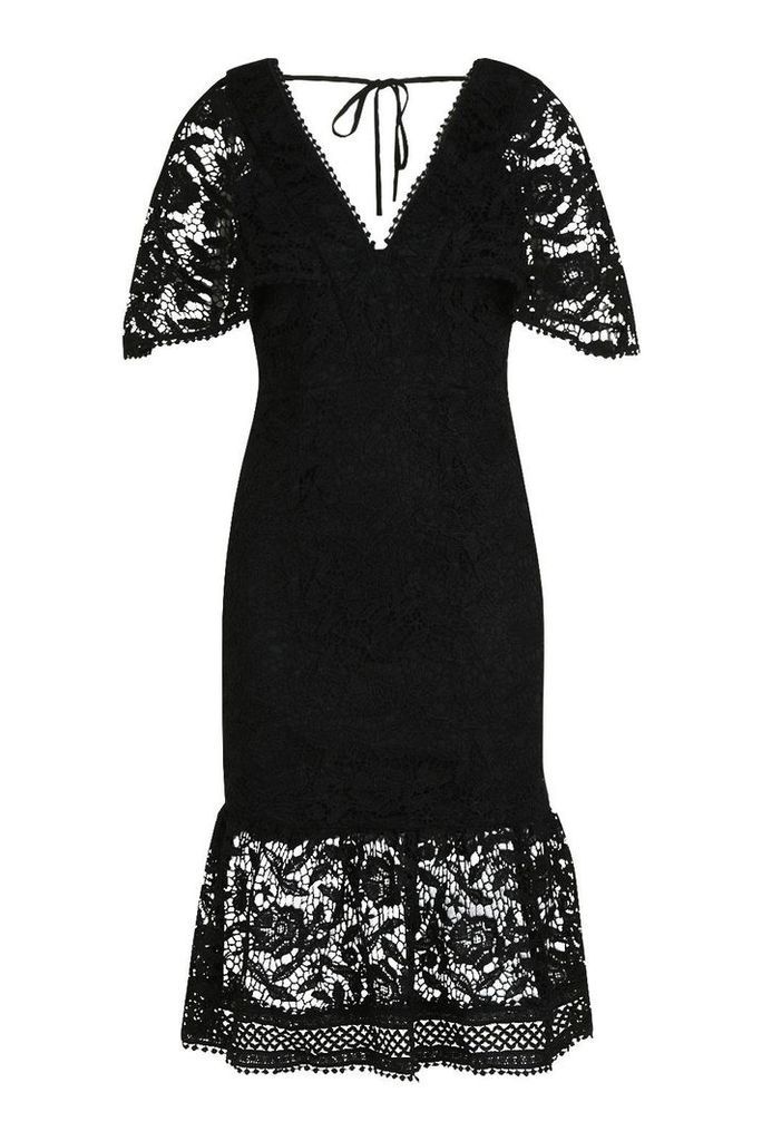 Womens Lace Cape Sleeve Frill Hem Midi Dress - black - 8, Black