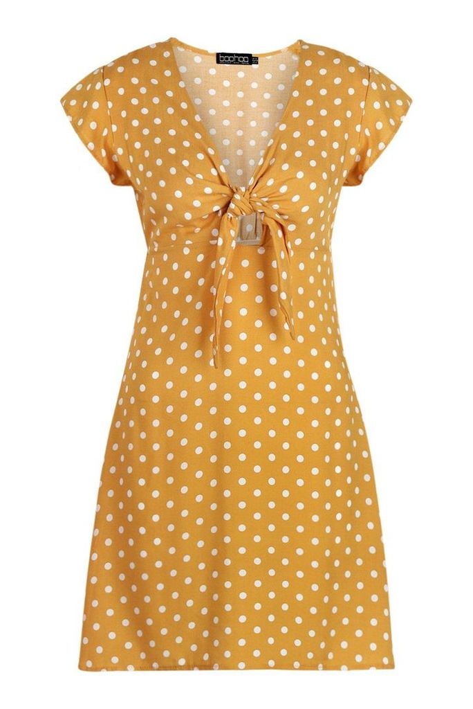 Womens Woven Polka Dot Tie Detail Skater Dress - Yellow - 10, Yellow