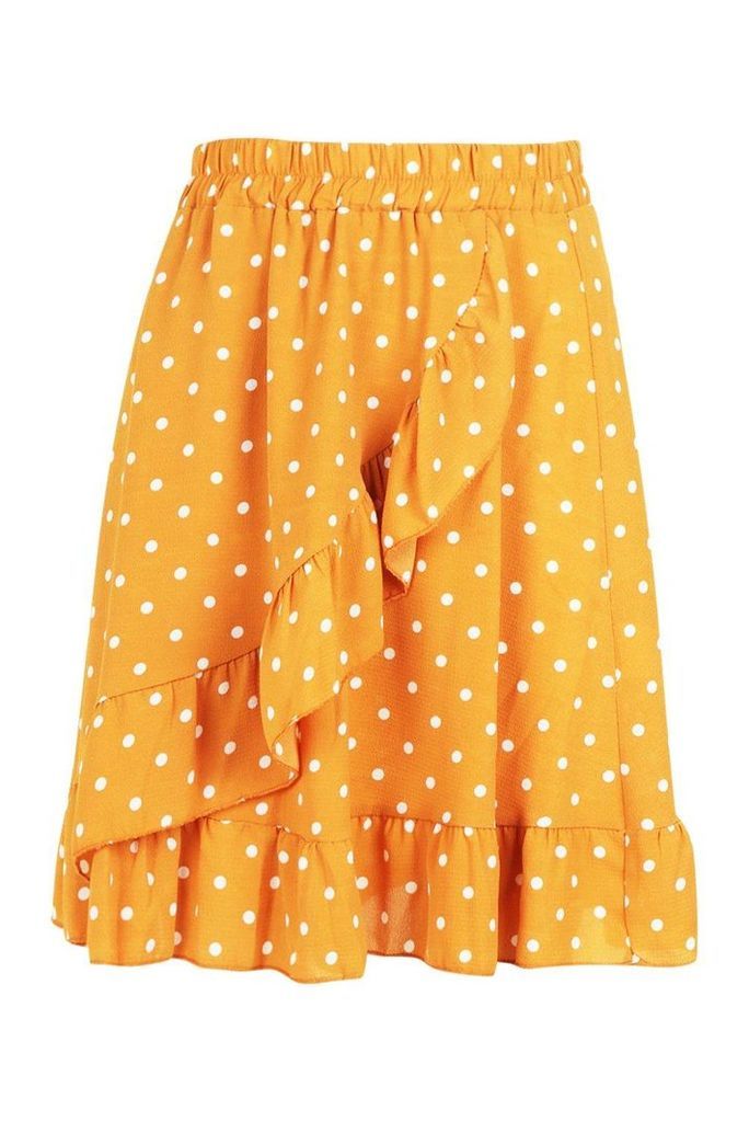 Womens Woven Polka Dot Ruffle Mini Skirt - yellow - 6, Yellow