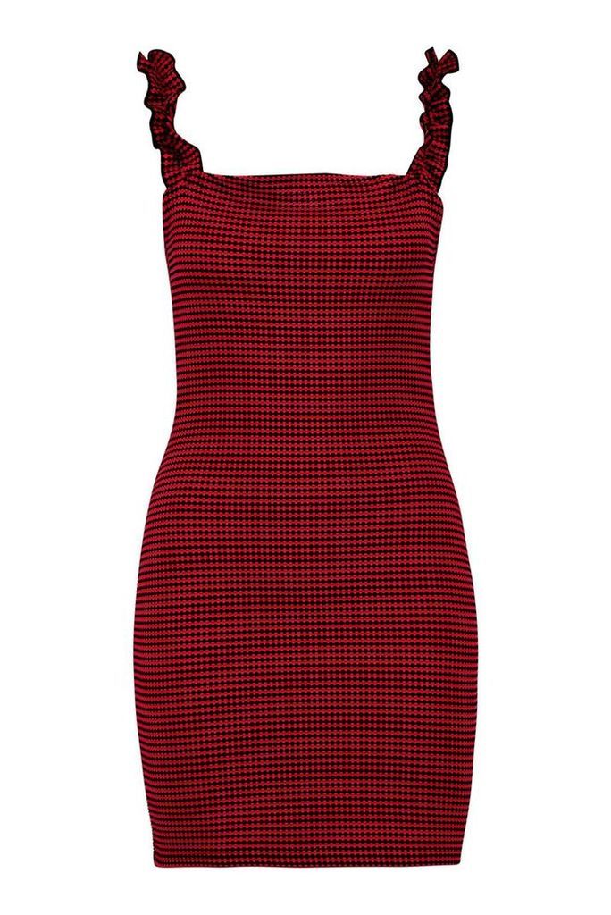 Womens Check Ruffle Strap Square Neck Bodycon Dress - red - 14, Red