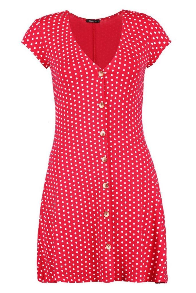 Womens Cap Sleeve Button Through Shift Dress - Red - 14, Red