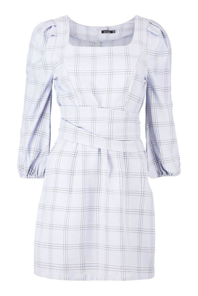 Womens Rouched Sleeve Tie Waist Checked Shift Dress - grey - 14, Grey