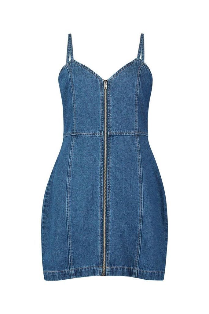 Womens Zip Front Strappy Denim Dress - Blue - 12, Blue
