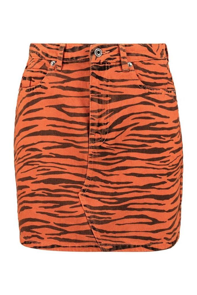 Womens Tiger Print Denim Skirt - brown - 10, Brown