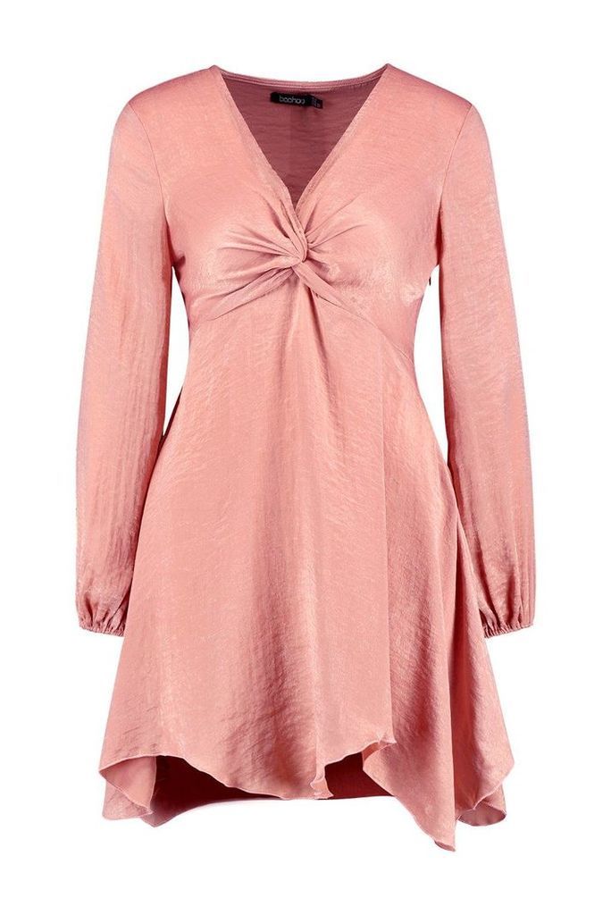 Womens Hammered Satin Blouson Sleeve Skater Dress - pink - 12, Pink
