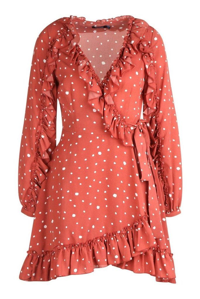 Womens Ruffle Detail Polka Dot Tea Dress - beige - 10, Beige