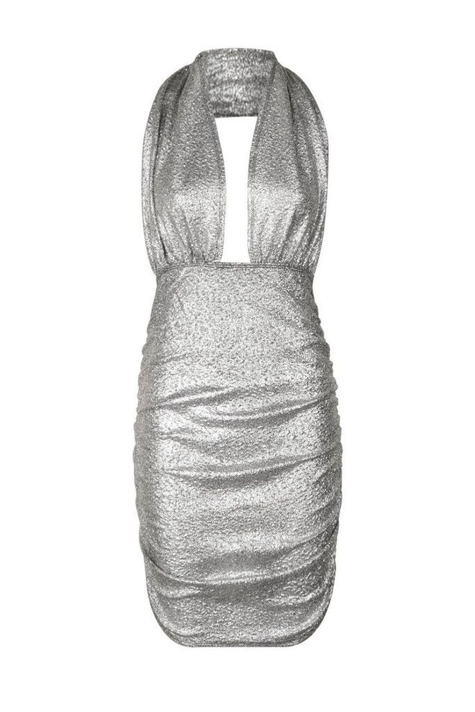 Womens Metallic Plunge Halter Mini Bodycon Dress - grey - 8, Grey