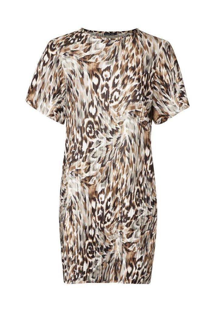 Womens Plisse Leopard Shift Dress - multi - 14, Multi