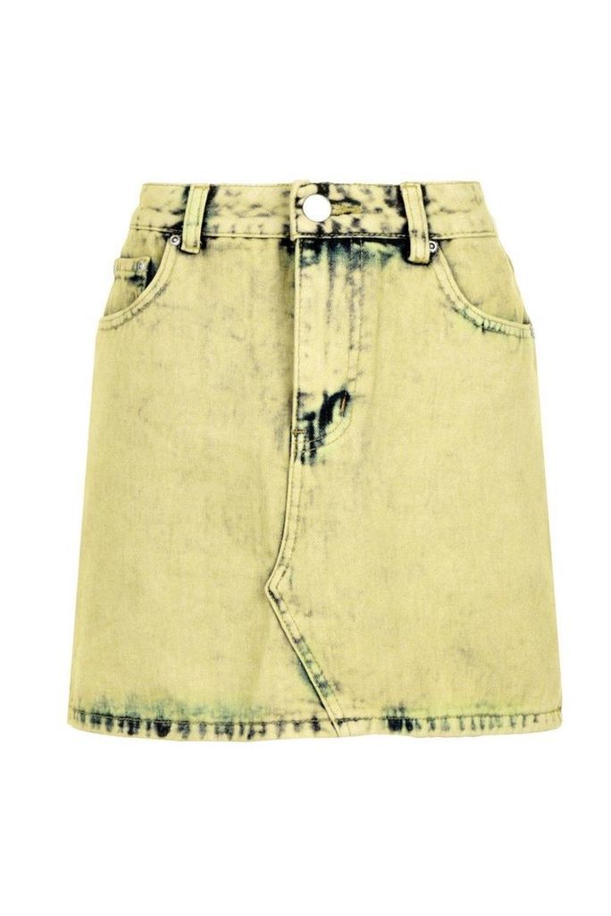 Womens Mustard Acid Wash Denim Skirt - yellow - 6, Yellow