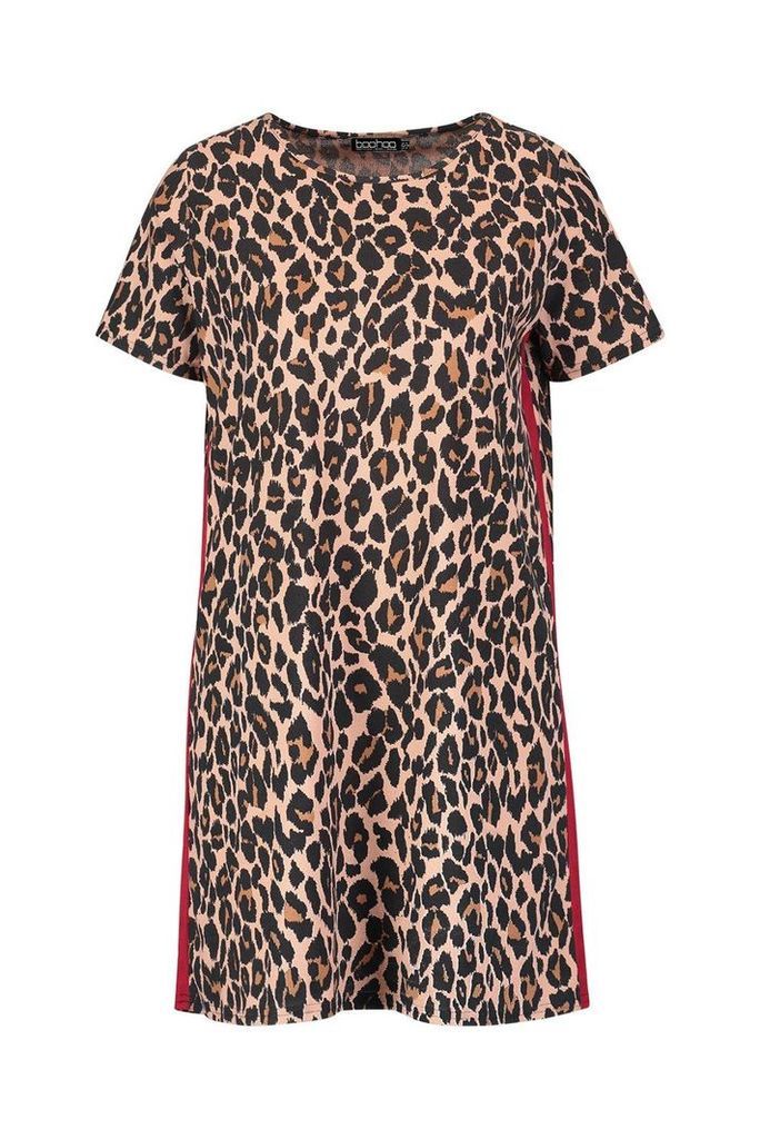 Womens Leopard Print Contrast Panel Shift Dress - red - 12, Red