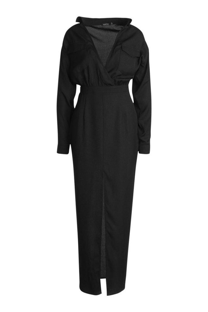 Womens Utility Pocket Front Maxi Dress - black - 10, Black