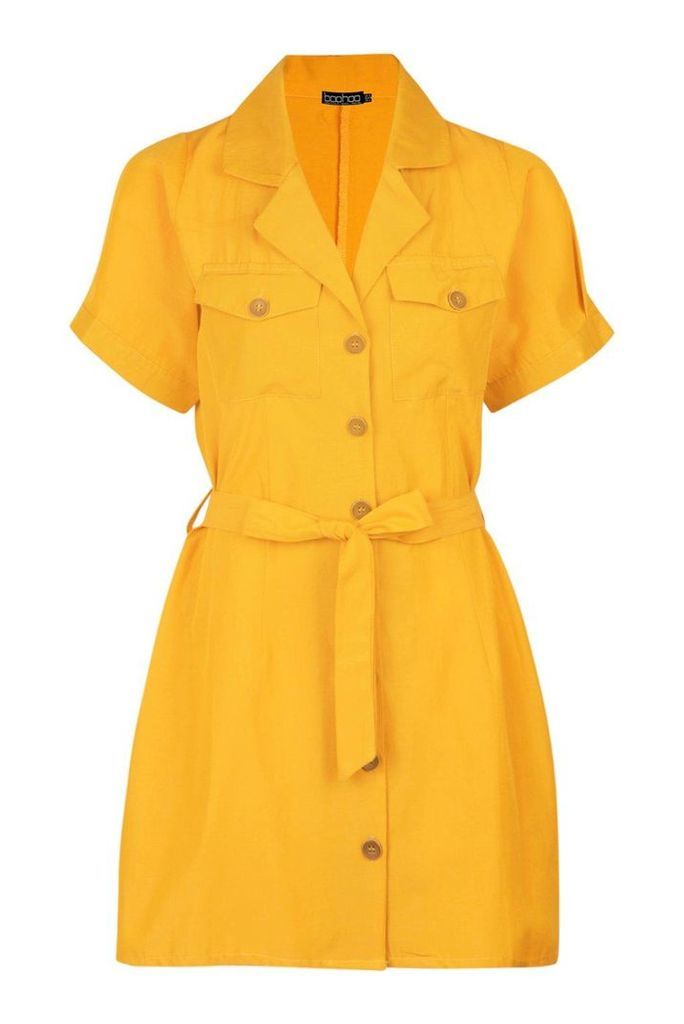 Womens Utility Pocket Button Through Belted Dress - yellow - 14, Yellow